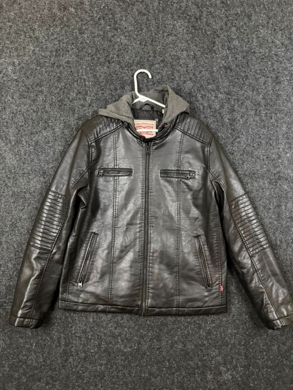 Levi's Faux Leather Moto Jacket Men's L Black Gray Hooded Quilted